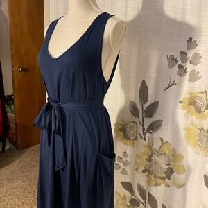 Reversible Wool& Summer Navy Sleeveless Midi Dress w/Pockets Belt, size Large